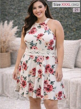 No Boundaries Cream Halter Floral Mini Dress with Pink Roses
